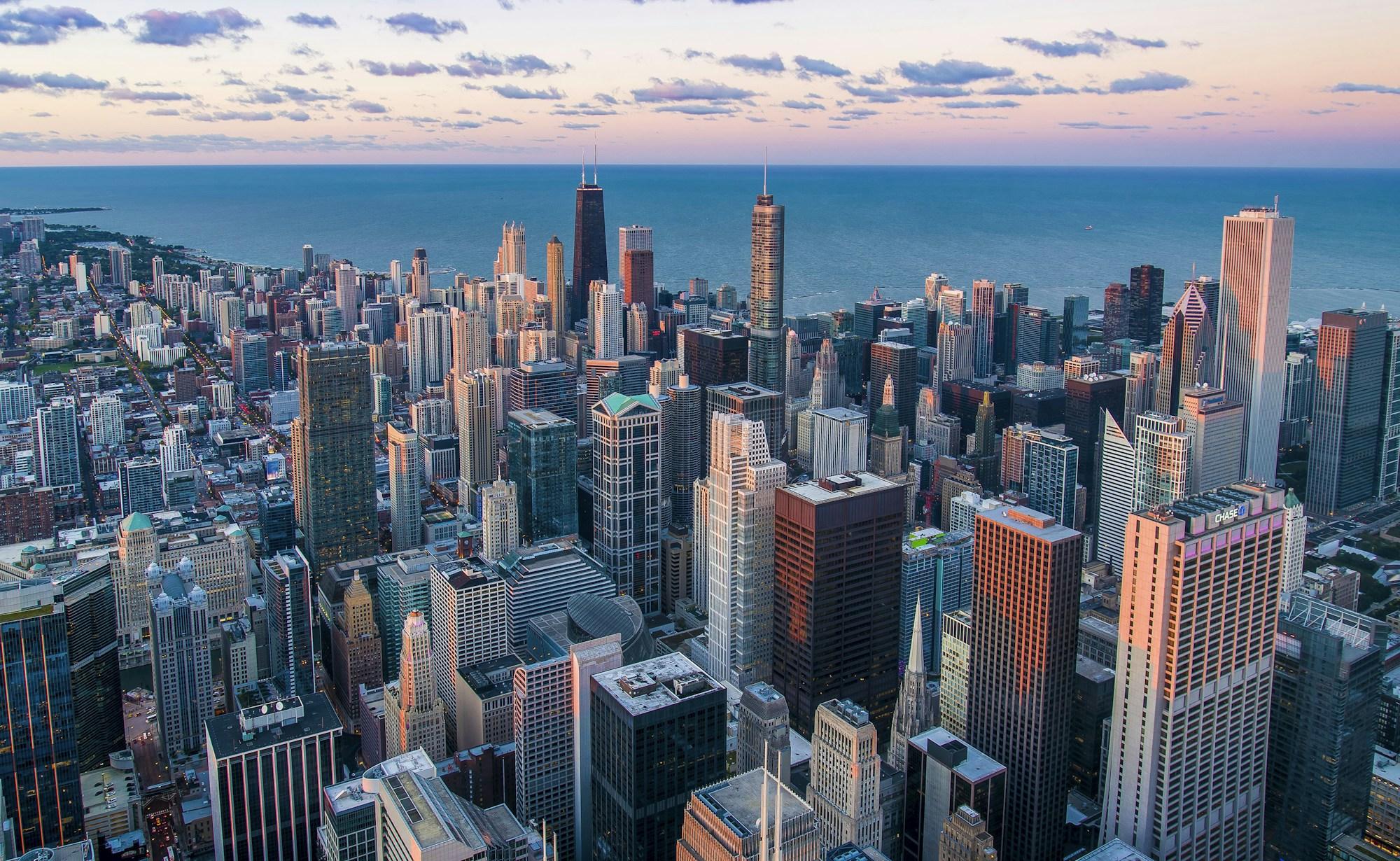 Chicago skyline at dusk on Lake Michigan